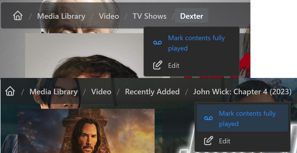 Exemple de marquage des séries télévisées et des vidéos comme étant entièrement lues